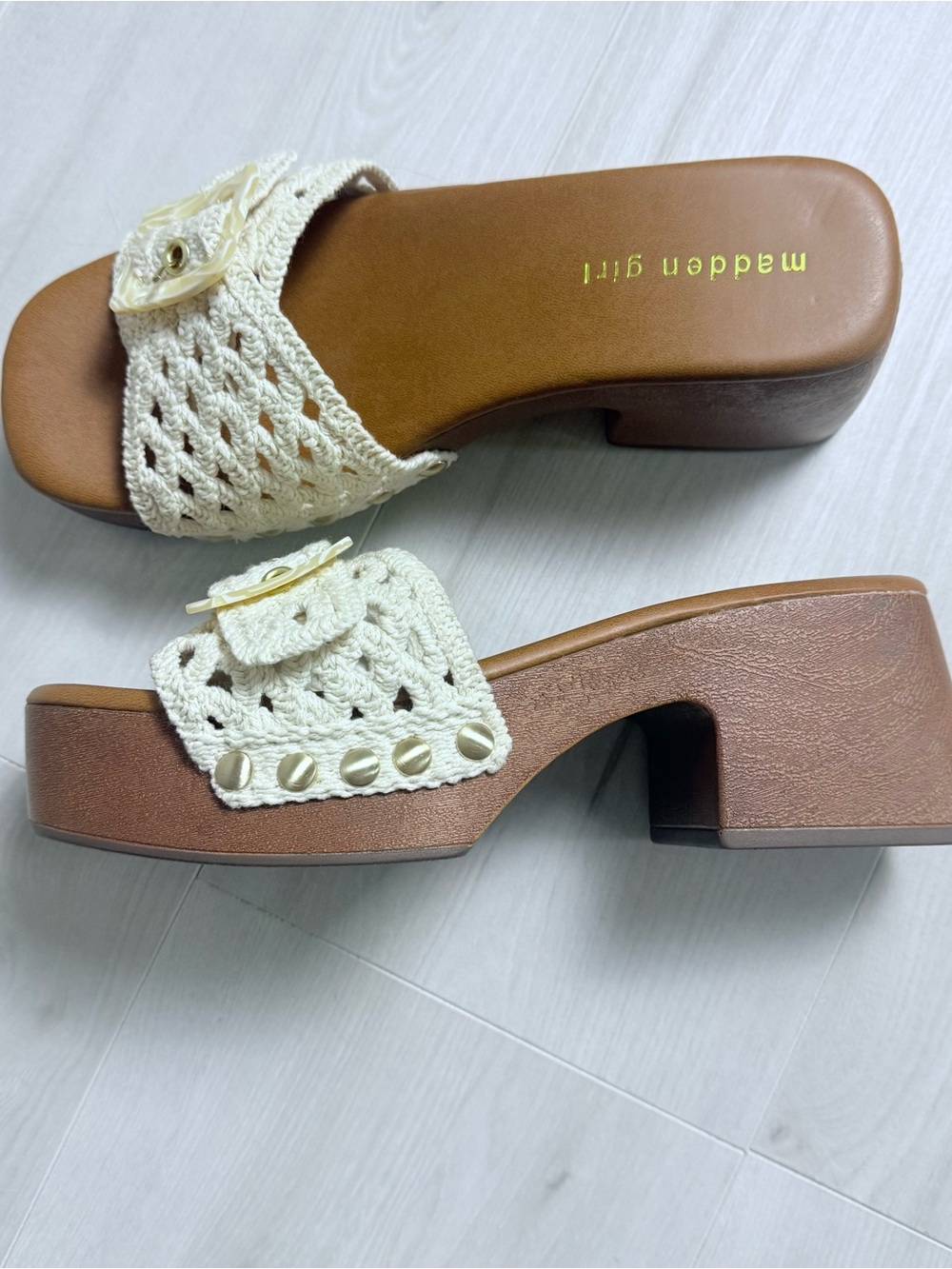Madden Girl Cream Crochet Platform Slide Clogs